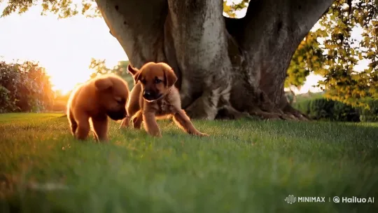 Evening Garden Play: Puppy and Mother Dog – AI Generated Video | Hailuo AI