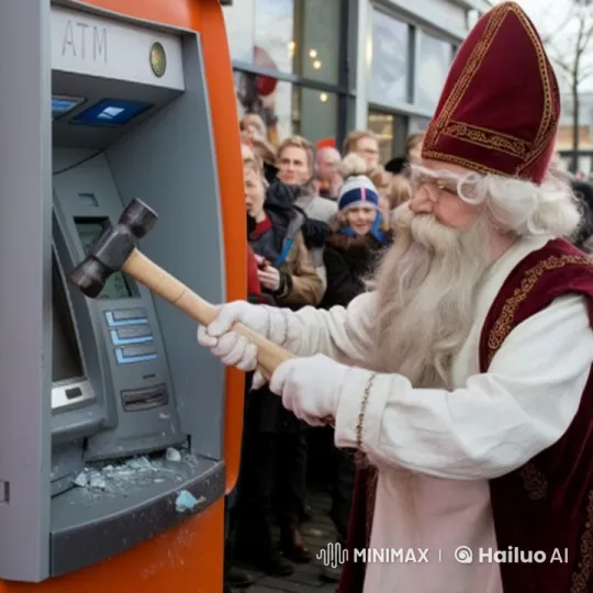 Sinterklaas Smashes ATM Amidst Crowded Shopping Area – AI Generated Video | Hailuo AI