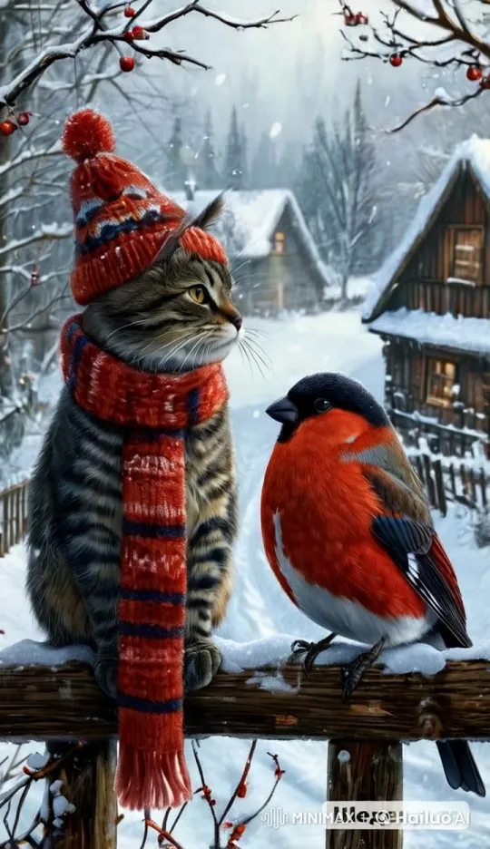 Tabby Cat and Bullfinch Celebrate Winter Wonderland – AI Generated Video | Hailuo AI
