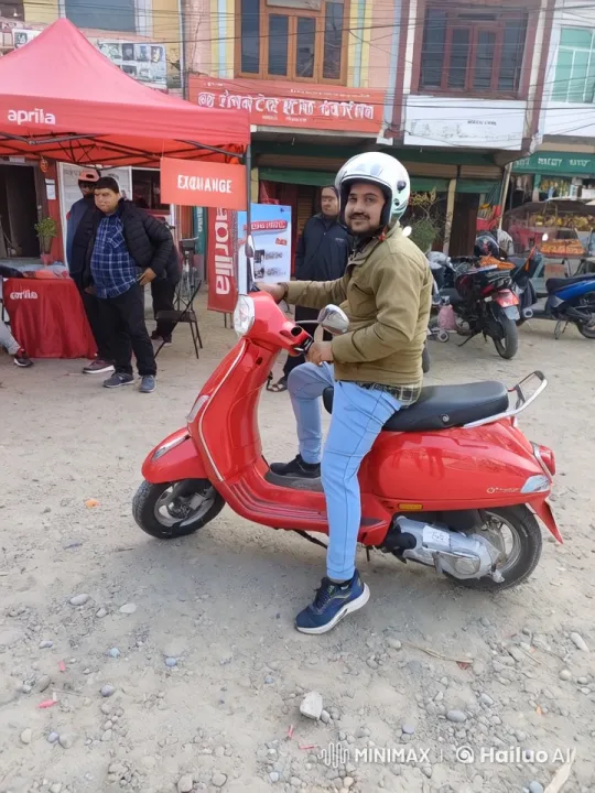 Red Scooter Rider at Outdoor Aprilia Event – AI Generated Video | Hailuo AI