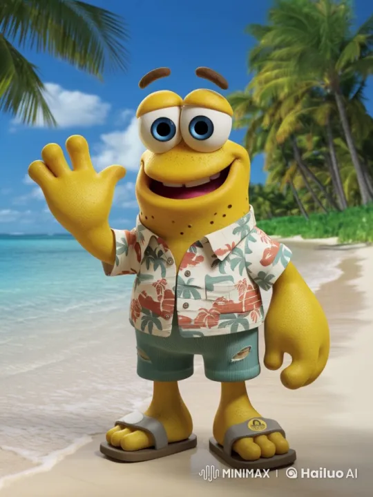 Animated Cartoon Character Waves on a Sunny Beach – AI Generated Video | Hailuo AI