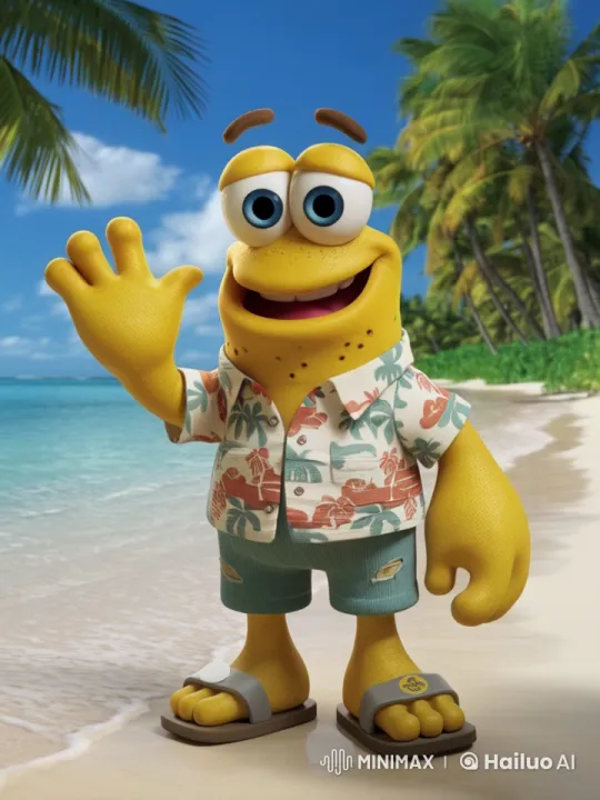 Cheerful Cartoon Character Strolls on a Sunny Beach – AI Generated Video | Hailuo AI