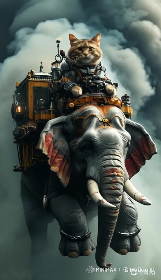 Steampunk Cat Rides Accelerating Mechanical Elephant – AI Generated Video | Hailuo AI