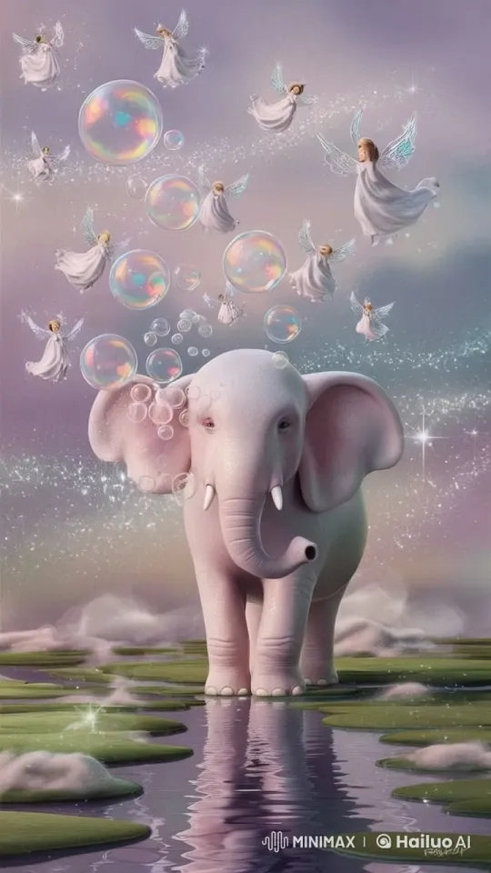 Magical Elephant with Soap Bubble Angels in Enchanted Sky – AI Generated Video | Hailuo AI