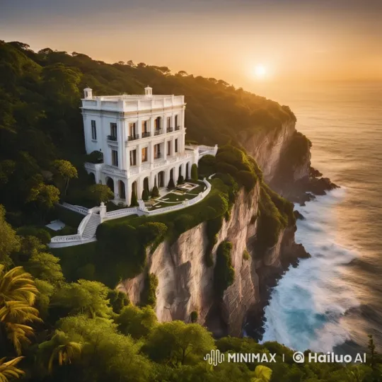 Luxury Mansion Aerial: Cliffside Serenity at Sunset – AI Generated Video | Hailuo AI