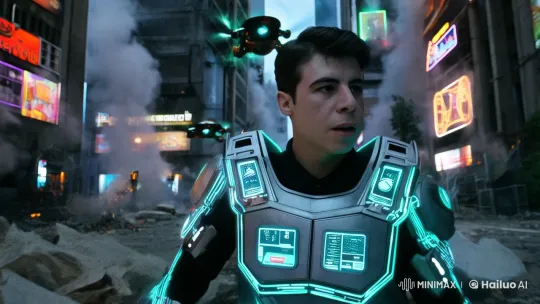 Futuristic Soldier Fights Through Dystopian Urban Warfare – AI Generated Video | Hailuo AI