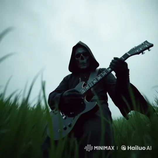Grim Reaper Plays Electric Guitar in Misty Field – AI Generated Video | Hailuo AI