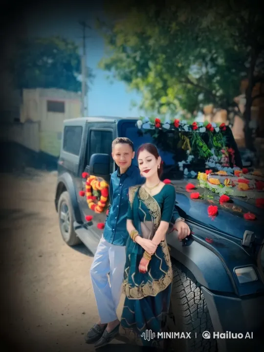 Affectionate Couple Embraces in front of Decorated Jeep – AI Generated Video | Hailuo AI