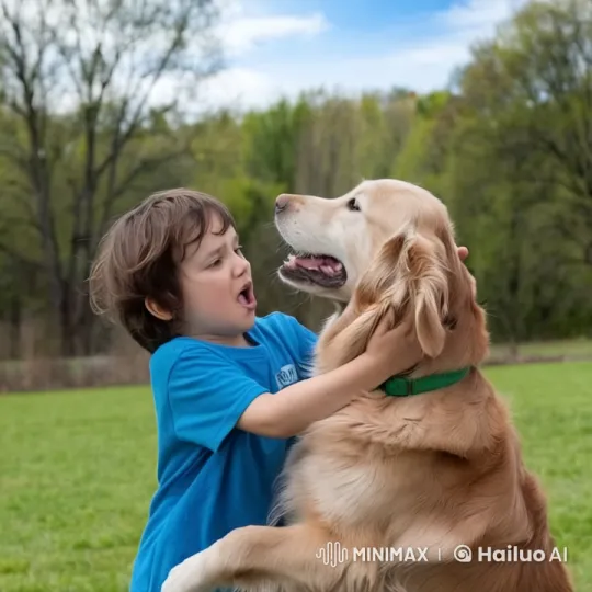 Boy and Golden Retriever's Playful Fight in Park – AI Generated Video | Hailuo AI