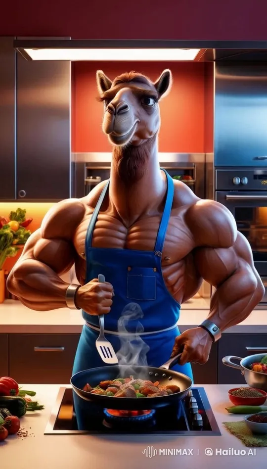 Muscular Camel Cooks Up a Storm in Vibrant Kitchen – AI Generated Video | Hailuo AI