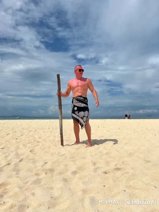Energetic Dance on Serene Beach with Sarong and Stick – AI Generated Video | Hailuo AI
