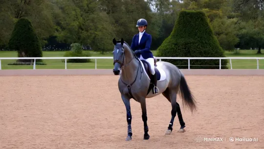 Graceful Horse Performs Elegant Tricks in Dressage Arena – AI Generated Video | Hailuo AI