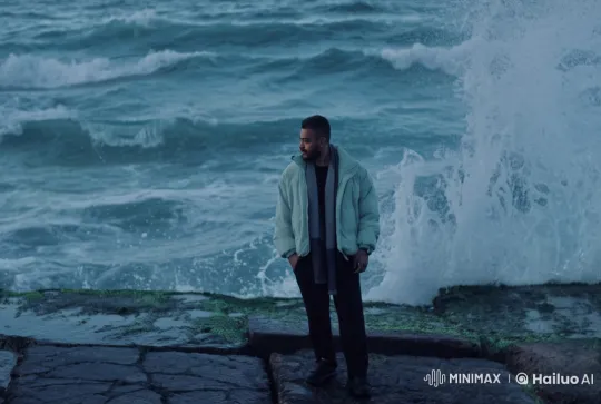 Animated Seascape: Person on Rocky Shoreline – AI Generated Video | Hailuo AI