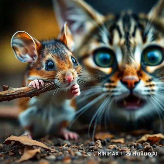 Mouse Chases Cat with a Stick in Nature Setting – AI Generated Video | Hailuo AI