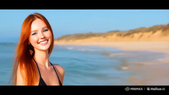 Joyful Young Woman in Sexy Bikini at Sunny Beach – AI Generated Video | Hailuo AI