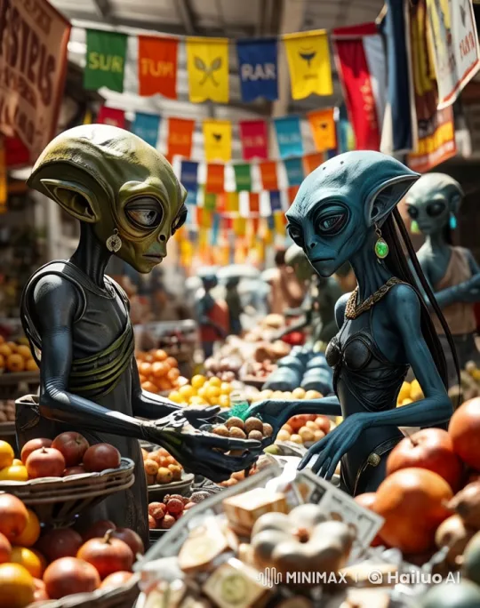 Aliens Exchange Fruits in Vibrant Live2D Market Scene – AI Generated Video | Hailuo AI