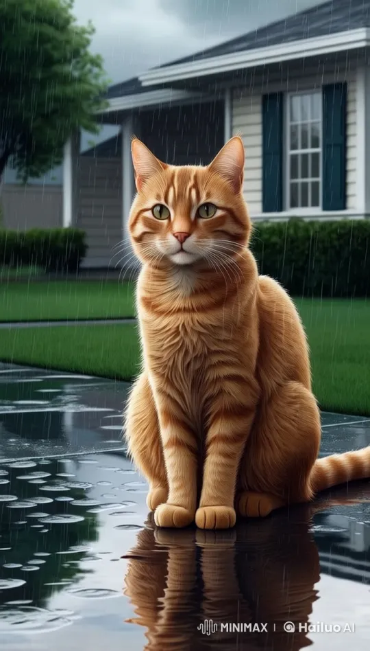 Ginger Cat on Wet Pavement in Rainy Day Animation – AI Generated Video | Hailuo AI