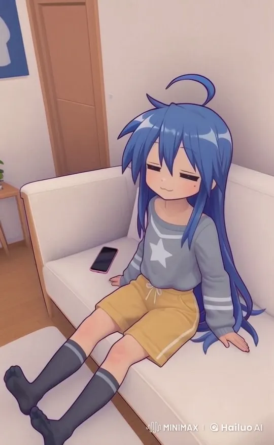 Anime Character Relaxing on Sofa with Smartphone – AI Generated Video | Hailuo AI
