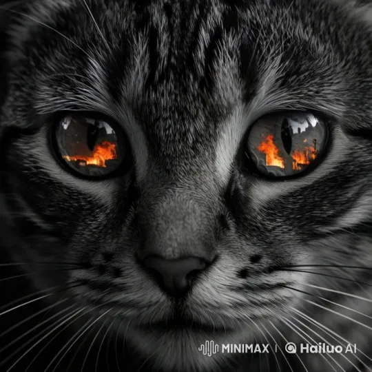 Distressed Cat Reflects Burning City in Live2D Animation – AI Generated Video | Hailuo AI