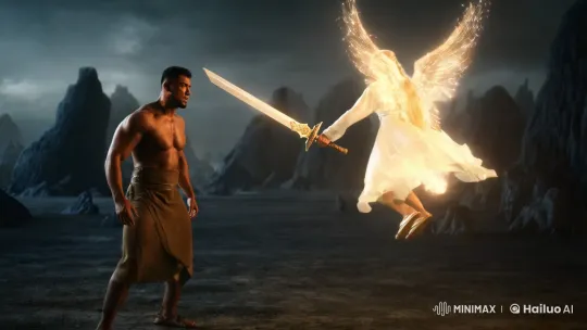 Muscular Man Battles Fiery Angel in Dramatic Slow-Motion – AI Generated Video | Hailuo AI