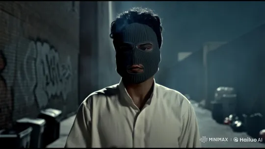 Mysterious Man in Balaclava Contemplates in Dim Alley – AI Generated Video | Hailuo AI