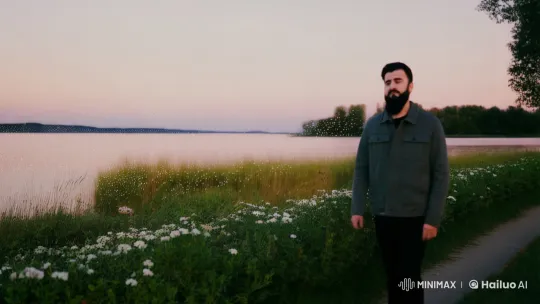 Contemplative Man Walking by Twilight Lakeside – AI Generated Video | Hailuo AI