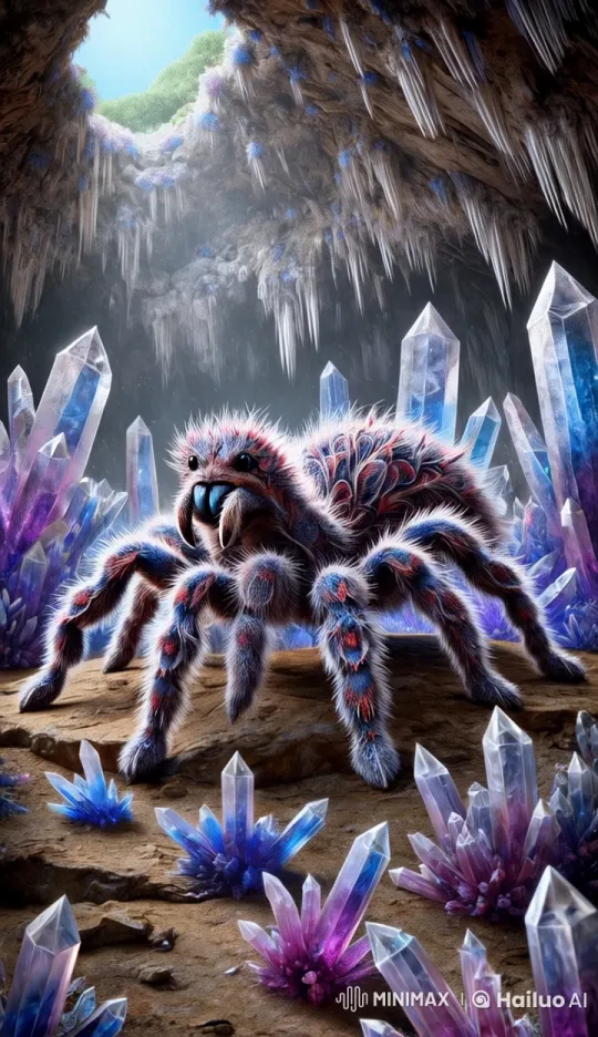 Vibrant Crystal Cave with Animated Patterned Spider – AI Generated Video | Hailuo AI
