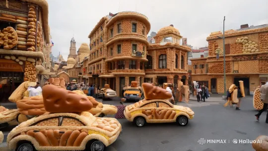 Bread-Themed Vehicles and Costumes in a Dreamlike Cityscape – AI Generated Video | Hailuo AI