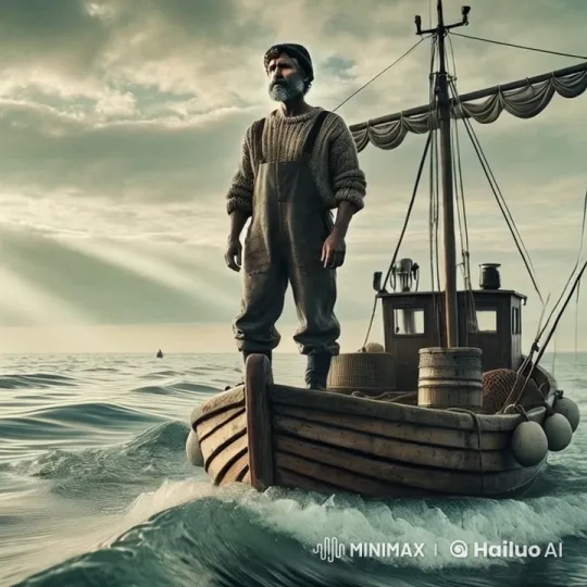 Fisherman on Bow of Wooden Boat in Tranquil Sea – AI Generated Video | Hailuo AI