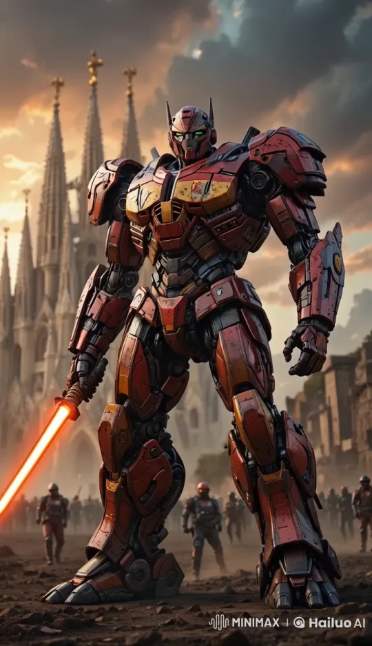 Red Robot Stands Ready with Sword Before Cathedral – AI Generated Video | Hailuo AI