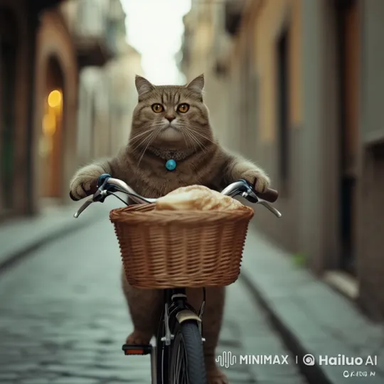 Chubby Tabby Cat Rides Bicycle Down Cobblestone Street – AI Generated Video | Hailuo AI
