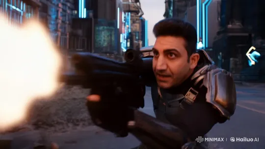 Futuristic Soldier Showcases Tactical Mastery in Neon-Lit City – AI Generated Video | Hailuo AI