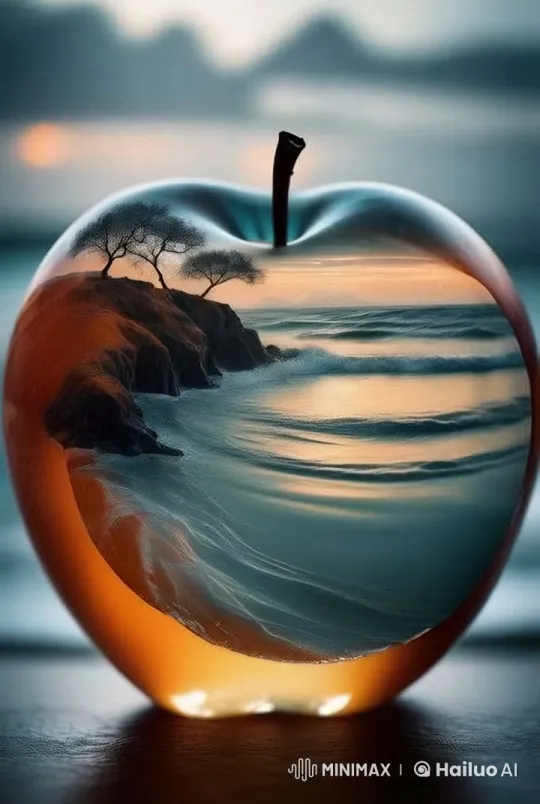 Vibrant Coastal Sunset Inside Glass Apple – AI Generated Video | Hailuo AI
