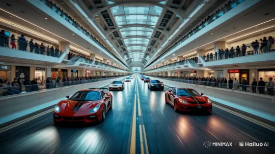 Futuristic Shopping Mall Hosts Thrilling High-Speed Car Race – AI Generated Video | Hailuo AI