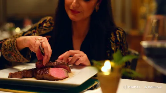 Uzbek Woman Savors Steak in Luxury Dining Ambiance – AI Generated Video | Hailuo AI
