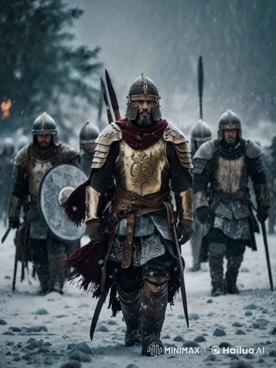 Medieval Warriors Triumph in Snowy Unity – AI Generated Video | Hailuo AI