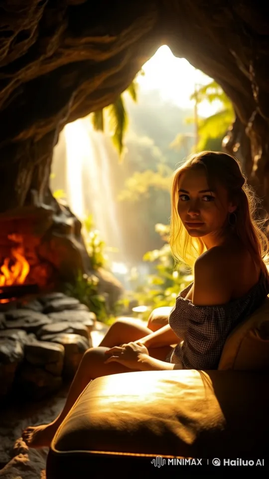 Cozy Jungle Cave Hideaway with Majestic Waterfall – AI Generated Video | Hailuo AI
