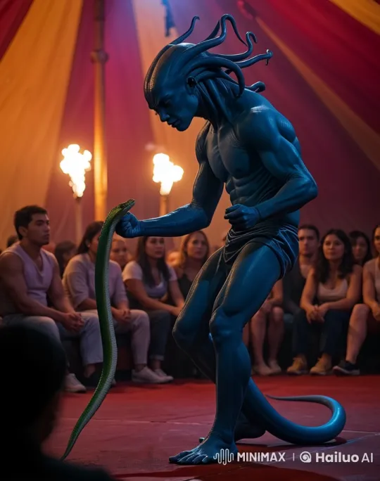 Blue-skinned Performer Captivates Audience in Circus Tent – AI Generated Video | Hailuo AI