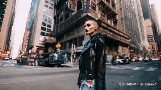 Punk Model Showcases Edgy Style on Bustling City Street – AI Generated Video | Hailuo AI