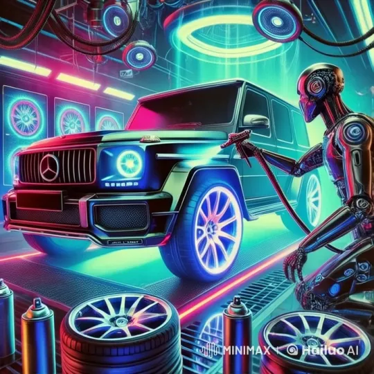 Futuristic Garage: Neon-Lit Mercedes-Benz Gets Hi-Tech Robot Spray Paint – AI Generated Video | Hailuo AI