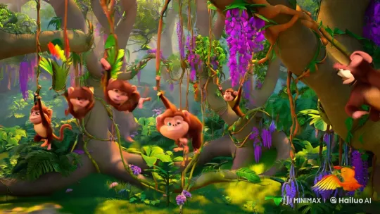 Monkeys Swing Joyfully in Vibrant Disney Pixar Jungle – AI Generated Video | Hailuo AI