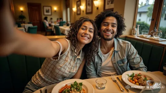 Couple Enjoying a Romantic Dinner in a Cozy Restaurant – AI Generated Video | Hailuo AI