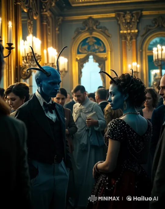 Animated Ballroom Scene with Blue Antlered Characters – AI Generated Video | Hailuo AI