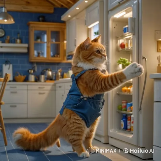 Ginger Cat in Overalls Opens Fridge in Cozy Kitchen – AI Generated Video | Hailuo AI