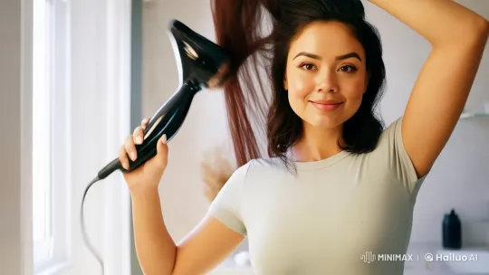 Woman Styling Her Hair in Modern Bathroom – AI Generated Video | Hailuo AI