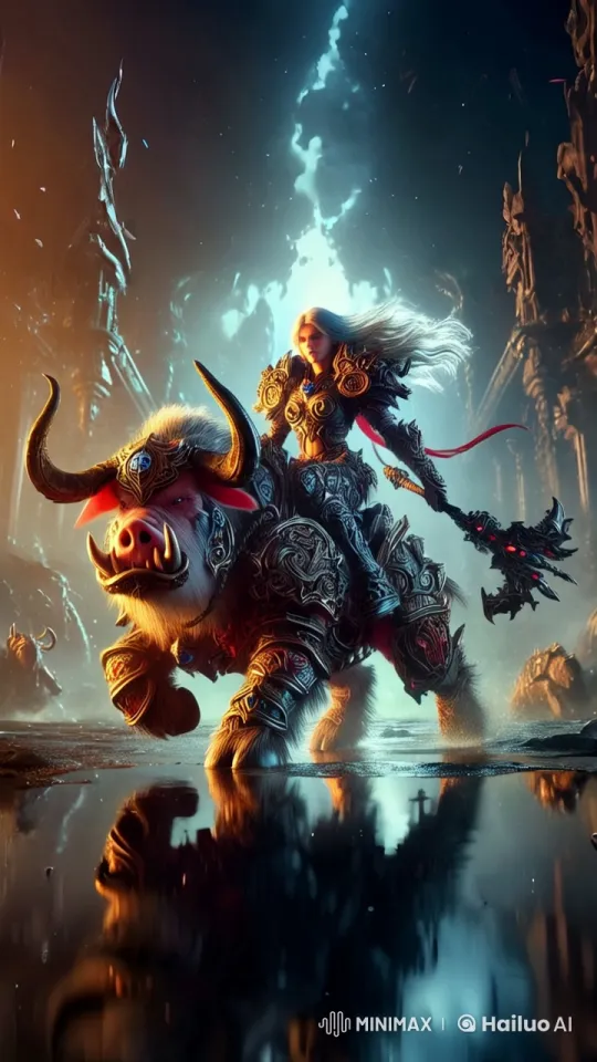 Epic Fantasy Warrior Rides Armored Boar in Mystical Realm – AI Generated Video | Hailuo AI