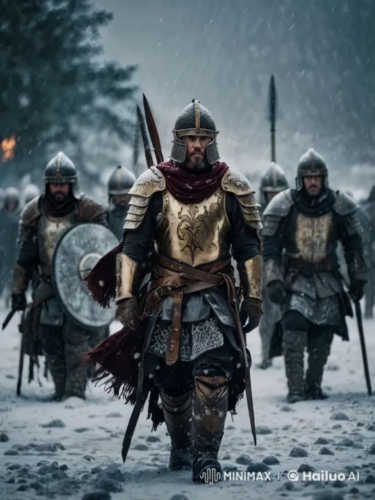 Armored Commander Commands Kneeling Soldiers in Snowy Scene – AI Generated Video | Hailuo AI