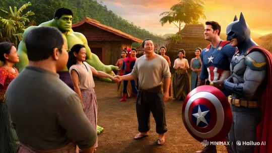 Village Gathering: Pak RT, Sari, and Superheroes in Aesthetic Harmony – AI Generated Video | Hailuo AI