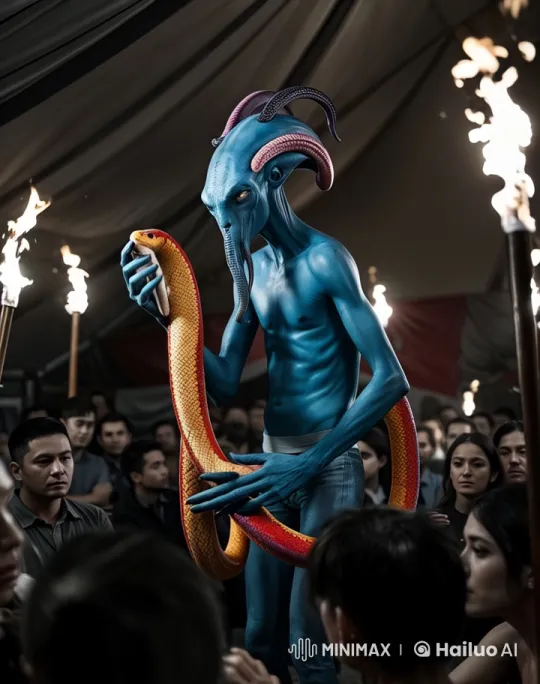 Blue Creature With Snake in Dramatic Circus Setting – AI Generated Video | Hailuo AI