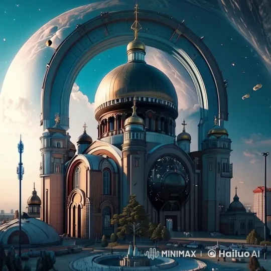 Future-Ancient Cathedral in Dynamic Cityscape – AI Generated Video | Hailuo AI